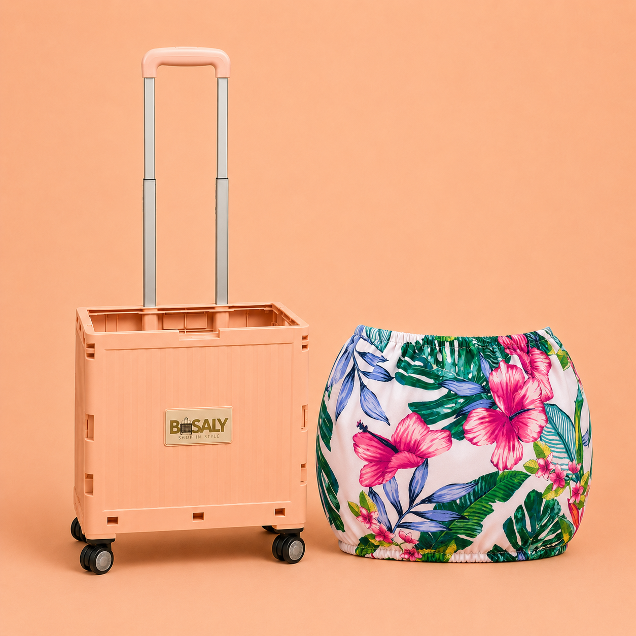 Folding Shopping Cart with 4 Wheels With Tropical Bloom Fabric Cover