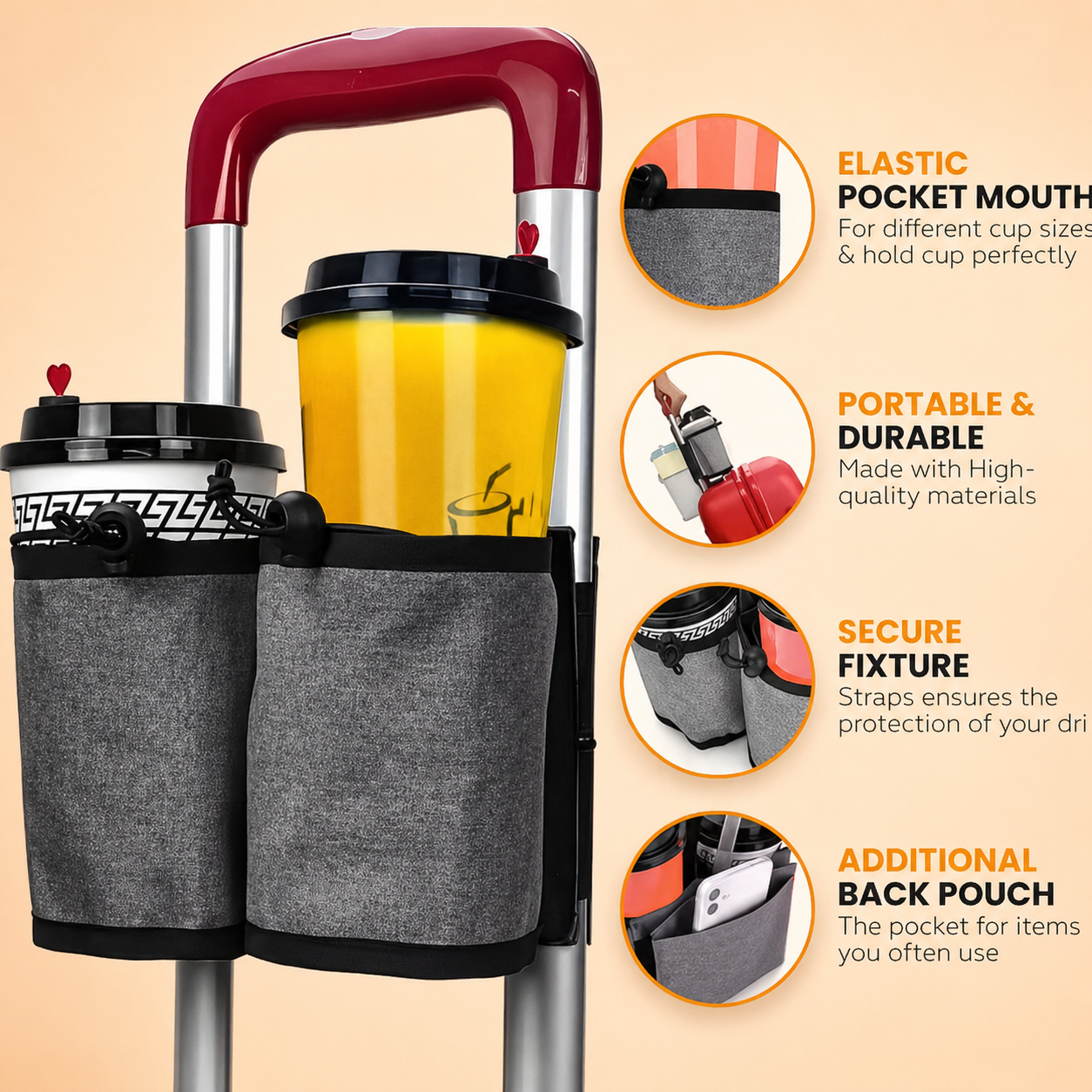 Practical Trolley Holder for Luggage – For Cups, Phone & Small Essentials