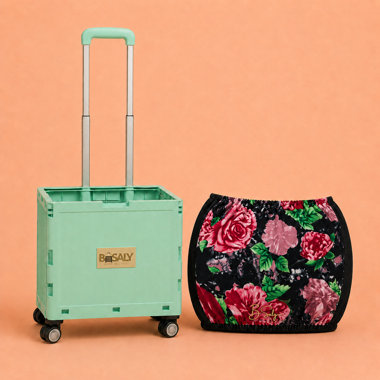 Folding Shopping Cart with 4 Wheels With Rose Garden Fabric Cover