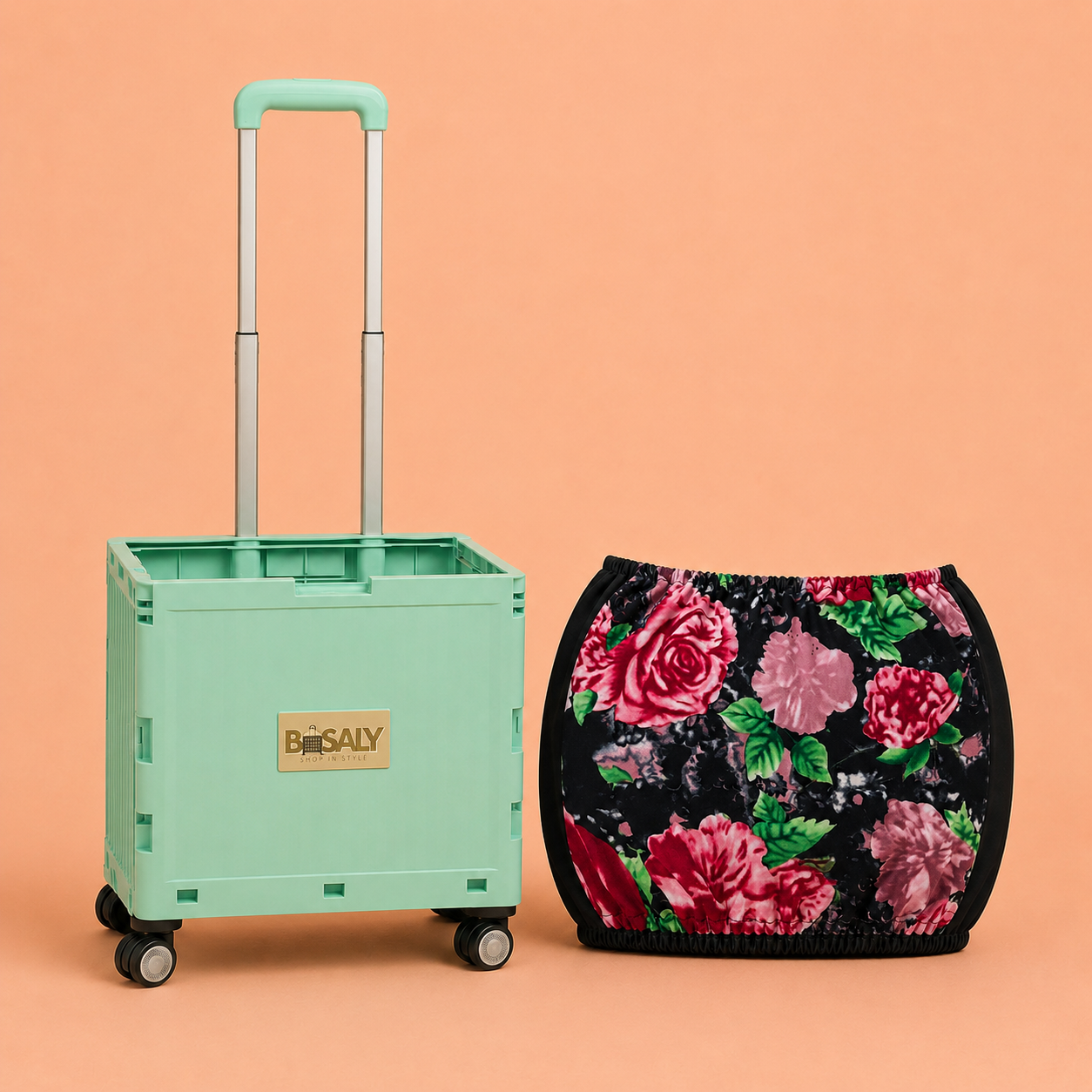 Folding Shopping Cart with 4 Wheels With Rose Garden Fabric Cover