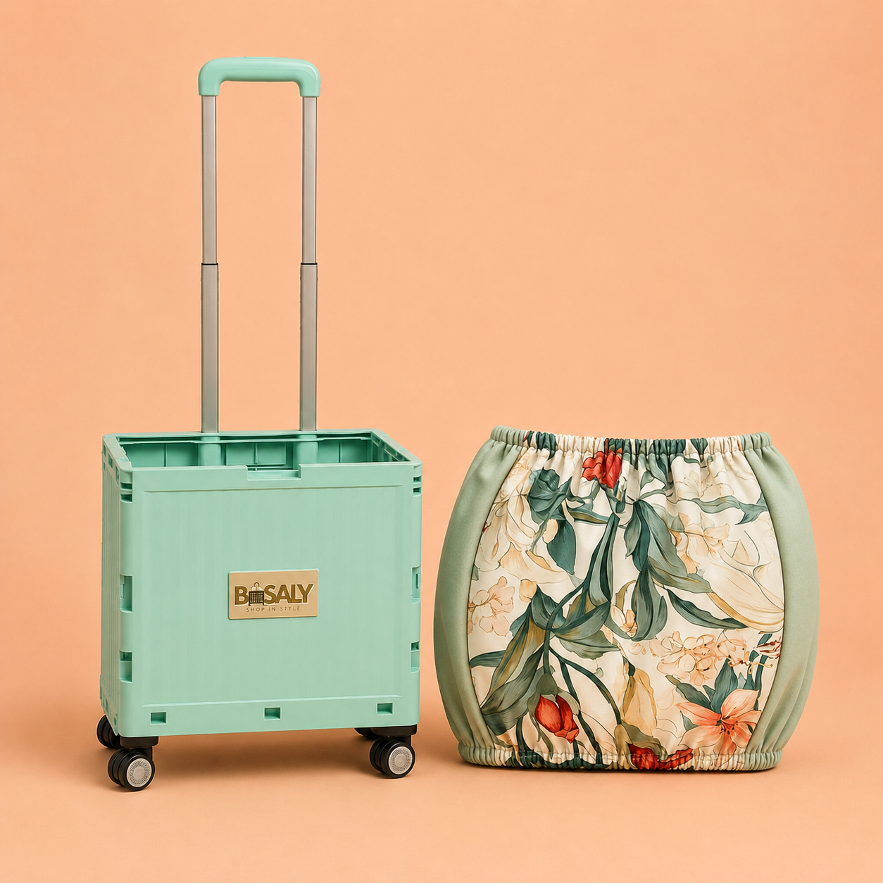 Folding Shopping Cart with 4 Wheels With Soft Floral Fabric Cover