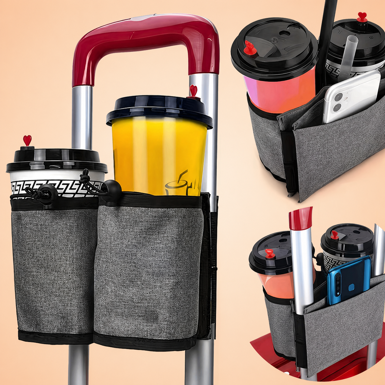 Practical Trolley Holder for Luggage – For Cups, Phone & Small Essentials