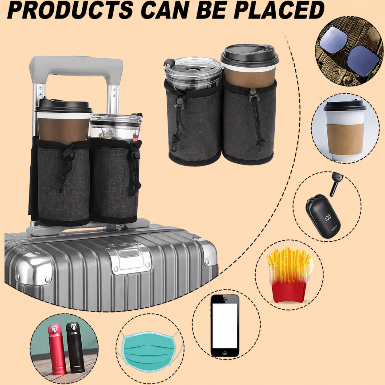 Practical Trolley Holder for Luggage – For Cups, Phone & Small Essentials