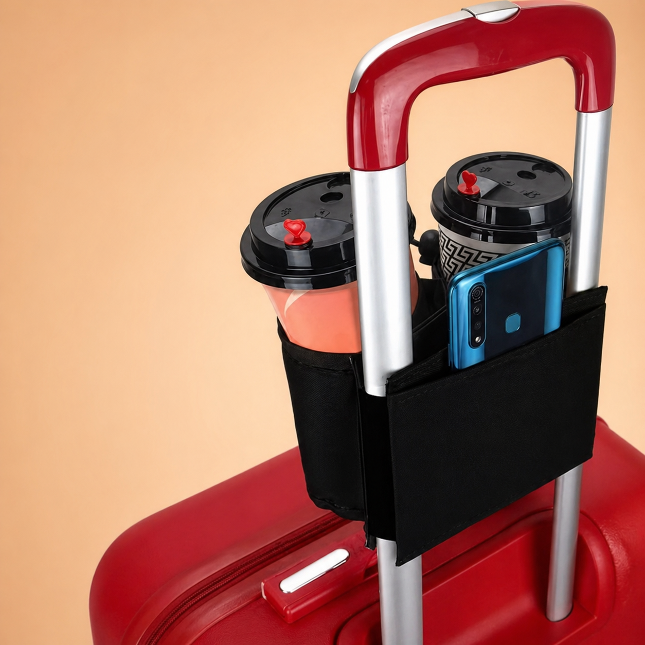 Practical Trolley Holder for Luggage – For Cups, Phone & Small Essentials