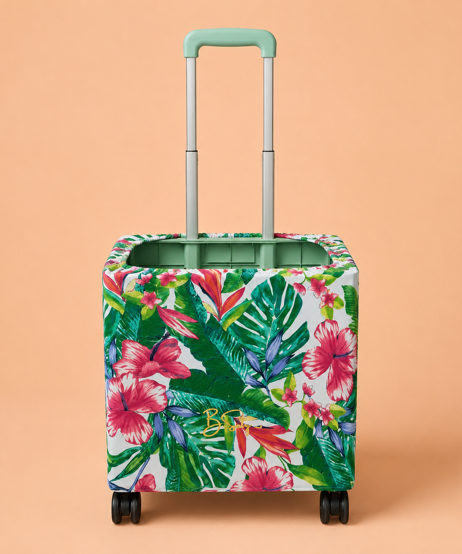 Folding Shopping Cart with 4 Wheels With Tropical Bloom Fabric Cover