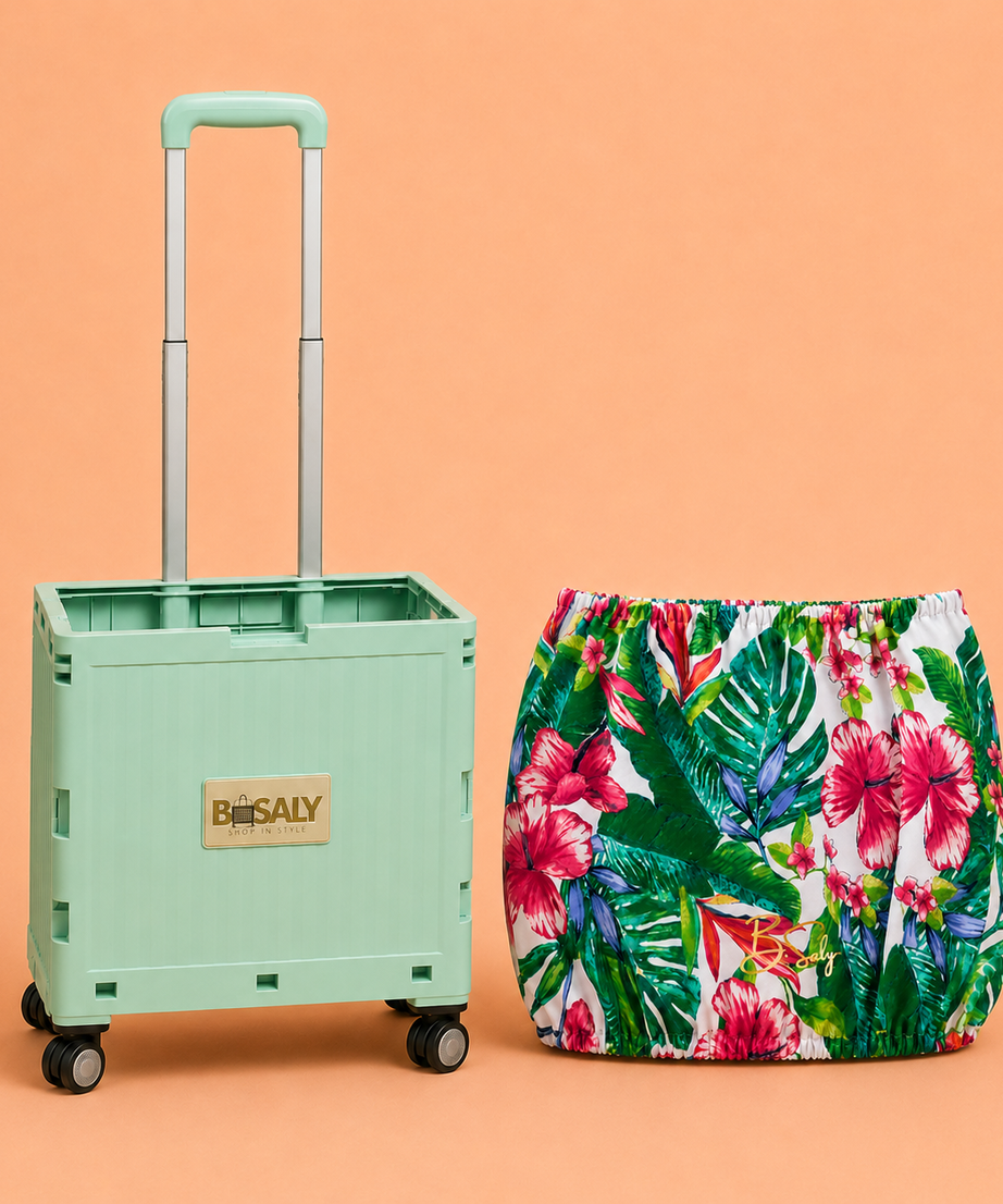 Folding Shopping Cart with 4 Wheels With Tropical Bloom Fabric Cover