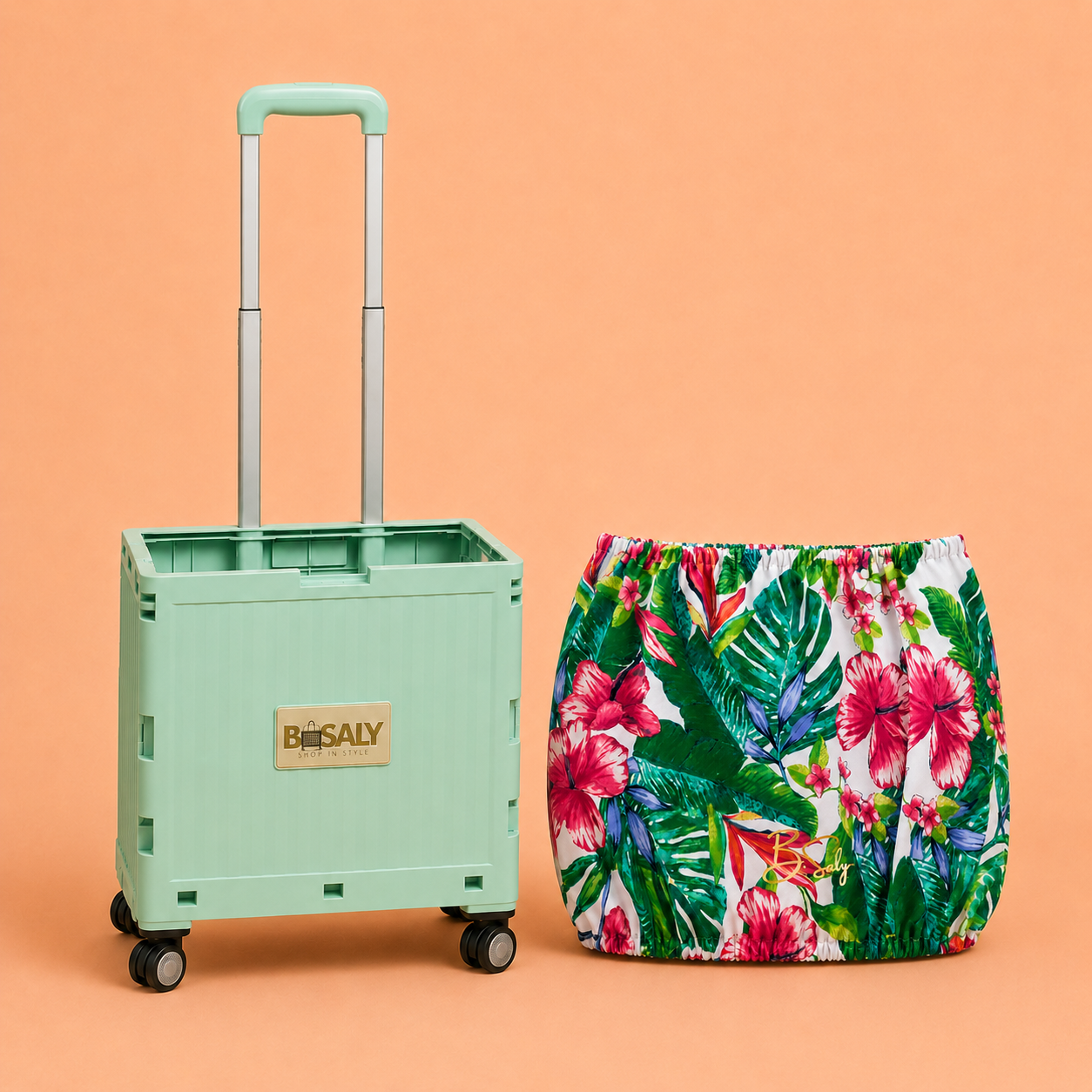 Folding Shopping Cart with 4 Wheels With Tropical Bloom Fabric Cover