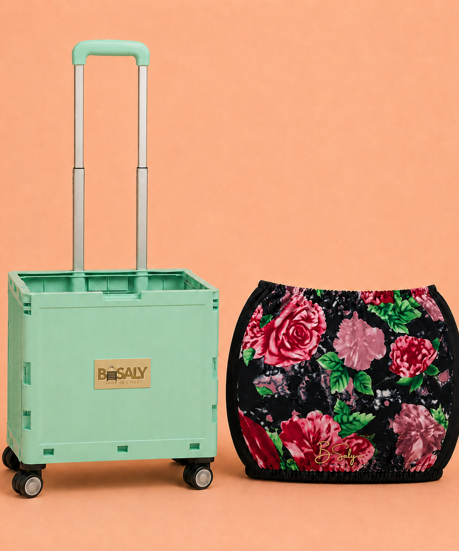 Folding Shopping Cart with 4 Wheels With Rose Garden Fabric Cover