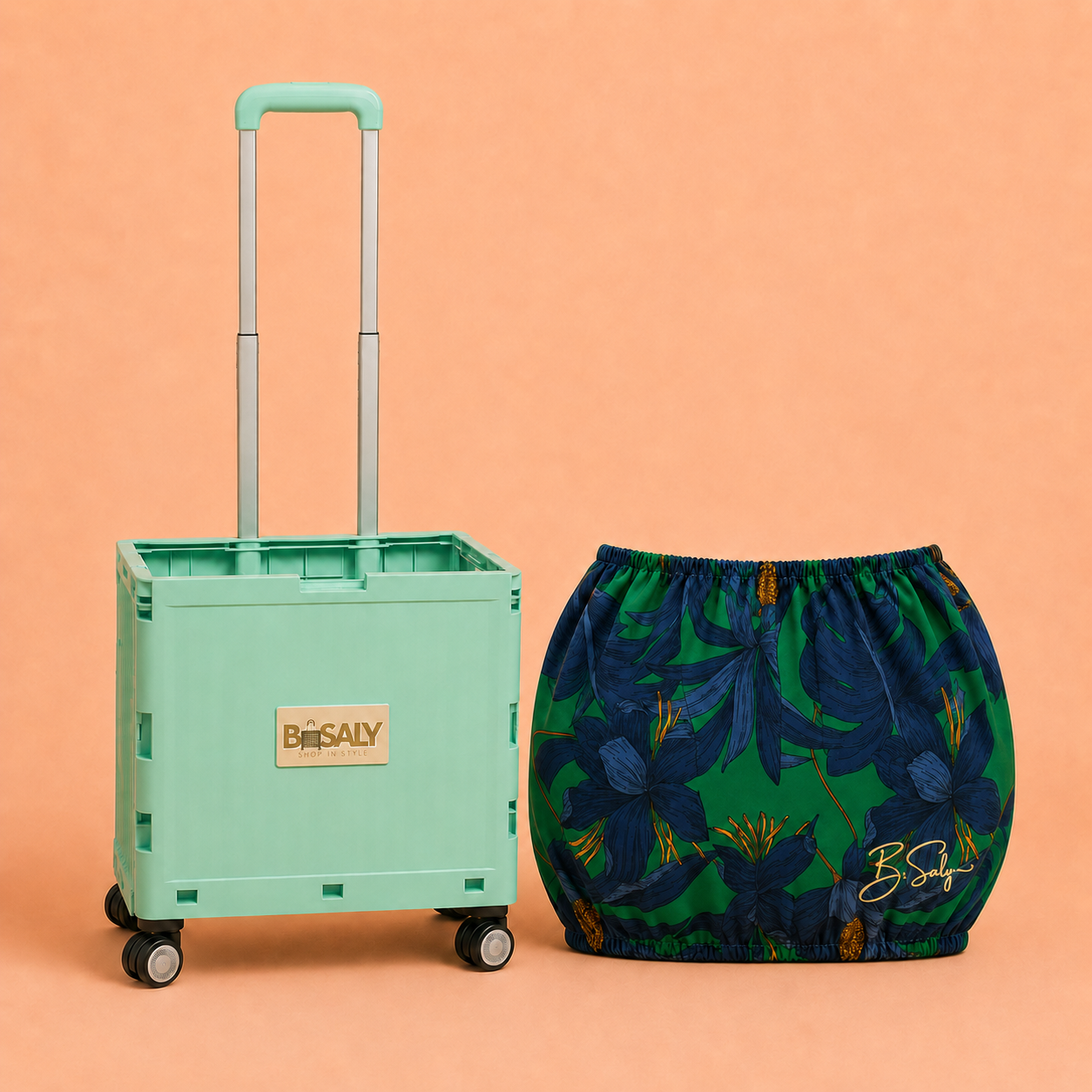 Folding Shopping Cart with 4 Wheels With Midnight Bloom Fabric Cover